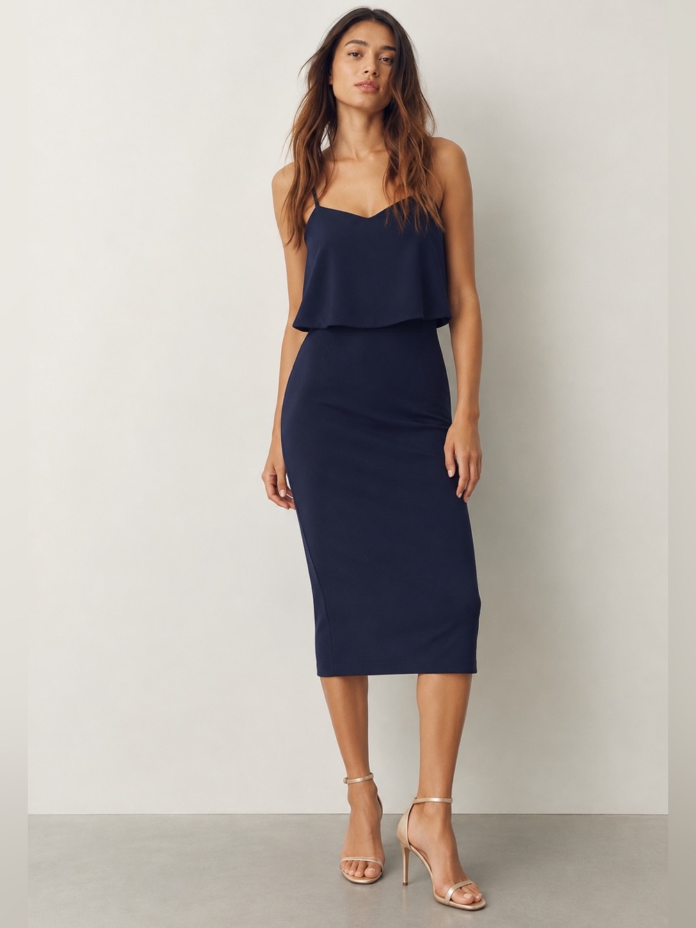 NWT Dress the Population Alondra Blouson Midi Dress Midnight Blue XL